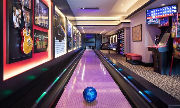 Rock 'n' roll memorabilia fills the walls of the lower-level bowling alley and arcade.