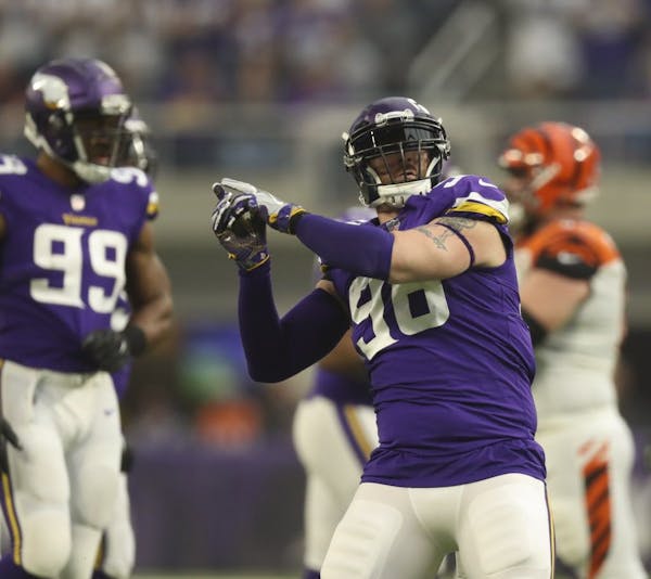 Minnesota Vikings defensive end Brian Robison (96) celebrated his sack of Bengals quarterback Andy Dalton for a six yard loss.