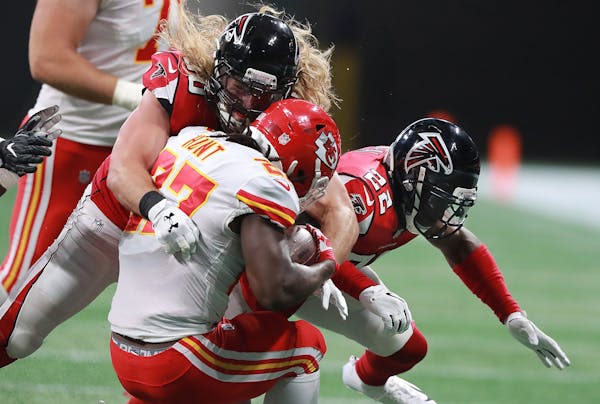 Now-injured Falcons safety Keanu Neal (22) was called for a penalty after hitting the Chiefs’ Kareem Hunt in the preseason.