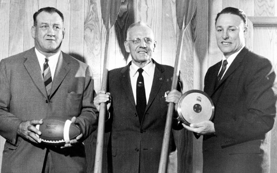On May 6, 1958, Bronko Nagurski, left, Walt Hoover and Fortune Gordien were on hand for the inaugural Minnesota Hall of Fame induction ceremony.