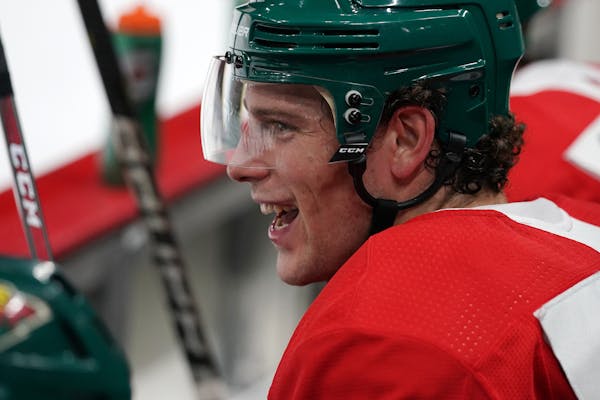 Charlie Coyle watched practice drills at Wild camp on Sept. 14 at Xcel Energy Center.