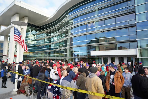 People lined up overnight outside the Mayo Civic Center in Rochester Thursday to see President Trump speak at 6:30 p.m. after he attends a private fun