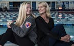 Andover sophomore Elsie Groebner, left, and Linda Groebner, her mother who swam for Coon Rapids, both have their names on nearby leaderboards. Photo: 