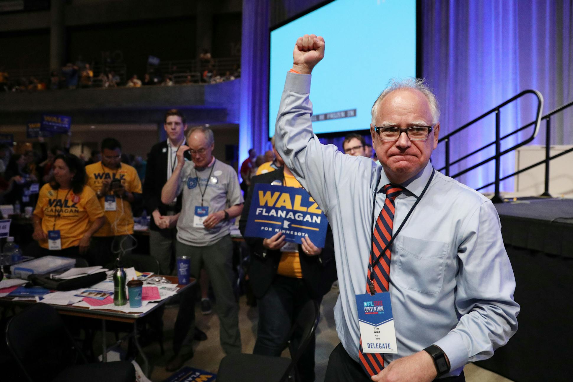 Gubernatorial candidate Tim Walz pumped his fist on the convention floor after several rounds of voting for gubernatorial endorsement during the DFL State Convention.