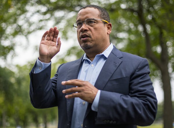 FILE - In this Aug. 17, 2017, file photo, U.S. Rep. Keith Ellison addresses campaign volunteers and supporters in Minneapolis. (Alex Kormann /Star Tri