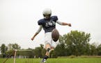 St. Francis kicker Hunter Dustman practiced kicking field goals at practice Tuesday afternoon. Dustman' powerful leg and dedication to kicking have ma