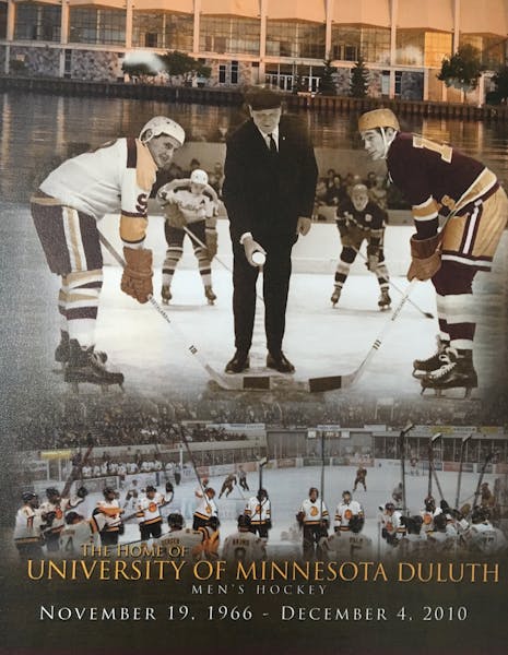 A poster recalls the Duluth Entertainment Convention Center’s time as home for Minnesota Duluth men’s hockey. The Bulldogs moved to Amsoil Arena i