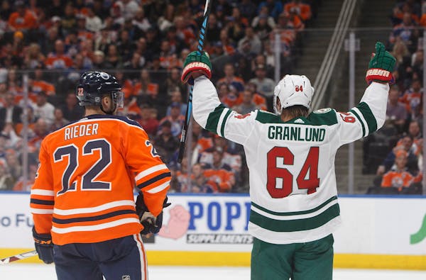Wild center Mikael Granlund celebrated his third-period, power-play goal as Oilers center Tobias Rieder skated past in Minnesota's 4-3 victory in Edmo
