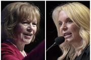 Democratic U.S. Sen. Tina Smith and Republican Karin Housley debate in front of 300 people Thursday night at Hamline University in St. Paul.