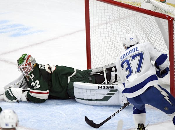 Yanni Gourde beat Wild goalie Alex Stalock for the second of Tampa Bay’s three first-period goals last Saturday night. The Wild trailed 3-1 after th
