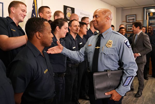 Police Chief Medaria Arradondo greeted cadets following of a news conference Thursday held by Mayor Jacob Frey to announce he had appointed Arradondo 