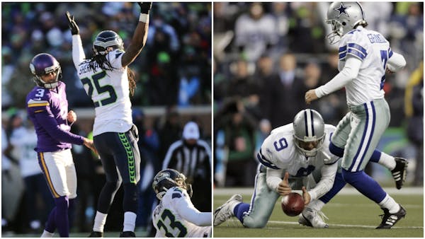 Seahawks cornerback Richard Sherman celebrated a miss by Vikings kicker Blair Walsh to end a playoff game in 2016 (left). And in 2007, Cowboys quarter
