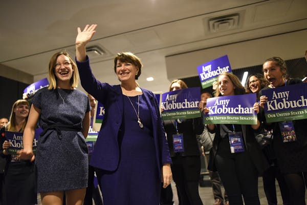 Sen. Amy Klobuchar arrived at the Intercontinental Hotel for Tuesday night's DFL headquarters election party in St. Paul.