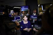 Sen. Amy Klobuchar spoke to the media after she arrived at the Intercontinental Hotel for Tuesday night's DFL headquarters election party in St. Paul.