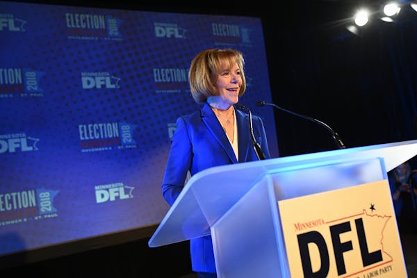 Sen. Tina Smith gave her acceptance speech Tuesday night at the DFL headquarters election party in St. Paul.