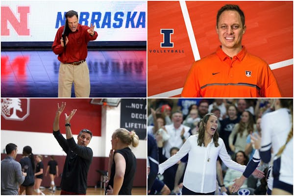 Clockwise from upper left: coaches John Cook of Nebraska, Chris Tamas of Illinois, Heather Olmstead of BYU and Kevin Hambly of Stanford have their tea