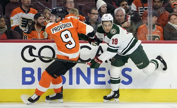 Aggressive checking is a strength of the Wild’s Luke Kunin (19), and he doesn’t expect last season’s ACL injury to hinder him in his return to t