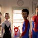 From left, Peni (voiced by Kimiko Glen), Spider-Gwen (Hailee Steinfeld), Spider-Ham (John Mulaney), Miles Morales (Shameik Moore), Peter Parker (Jake 
