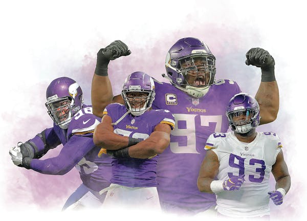 The Vikings’ defensive line of (from left) Linval Joseph, Danielle Hunter, Everson Griffen and Sheldon Richardson will be counted on to contain Seat