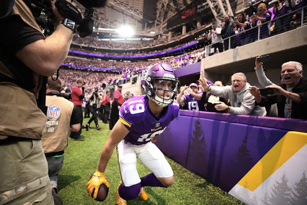Vikings receiver Adam Thielen celebrated his 2-yard touchdown catch vs. the Lions last month at U.S. Bank Stadium.