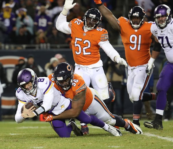 Akiem Hicks of the Bears sacked Vikings quarterback Kirk Cousins on Nov. 18.