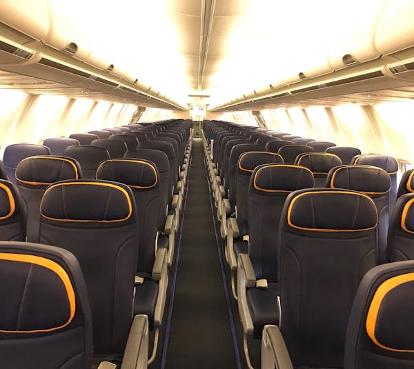 Sun Country Airlines’ first-ever purchased airplane has no classes but three different sizes of seats.