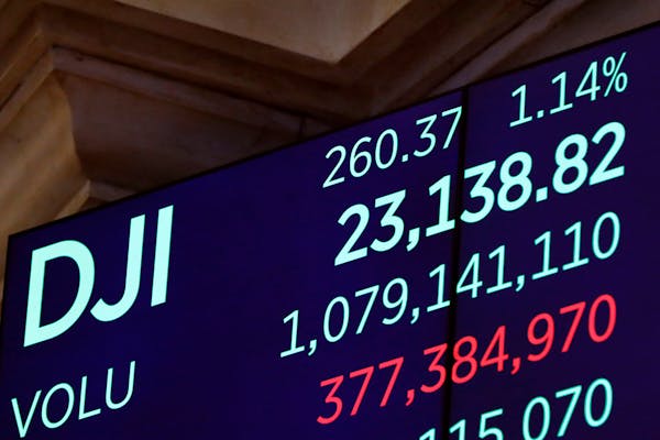 A screen above the trading floor of the New York Stock Exchange shows the closing number for the Dow Jones Industrial Average on Dec. 27, 2018.