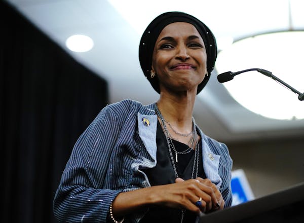In this file photo, Ilhan Omar delivers her victory speech to supporters in a packed ballroom in 2019.