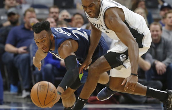 The Wolves’ Josh Okogie, chasing a ball along with the Spurs’ Quincy Pondexter in a late November game, has started seven games in a row.