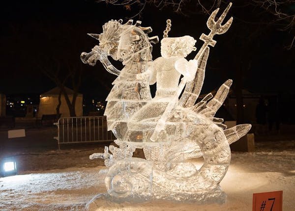 “Aquaman” was judged the best of the Winter Carnival ice sculptures.