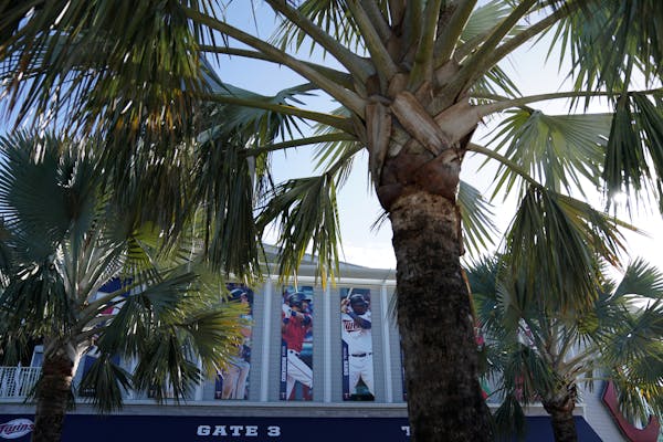 Banners depicting Twins stars hung from Hammond Stadium in Fort Myers on Monday. Twins pitchers and catchers report to training camp Wednesday.