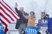Sen. Amy Klobuchar waved to supporters on Feb. 10 along with her husband John Bessler and daughter Abigail Klobuchar Bessler after announcing she is r