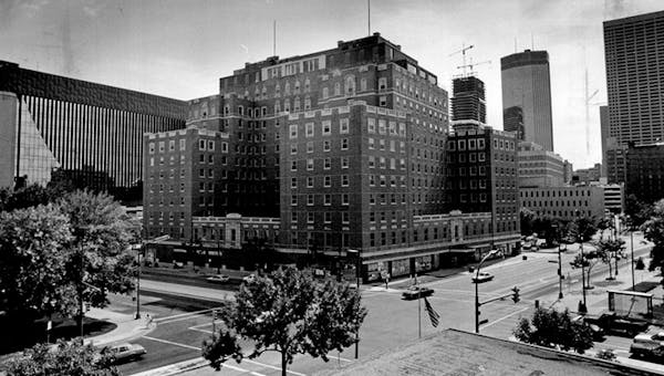 The 12-story Nicollet Hotel, shown in 1987, was the first building in Minneapolis to be built in the set-back style that gets narrower at the top.