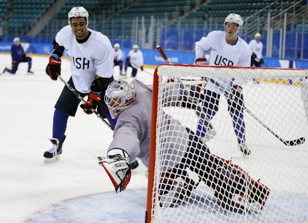 Jordan Greenway, left, and Ryan Donato practiced during the 2018 Olympics in South Korea.