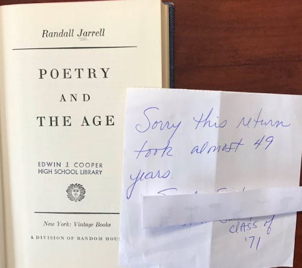This overdue book showed up in the mail at Robbinsdale Cooper High School nearly 49 years after it was signed out.