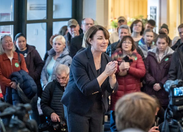 U.S. Sen. Amy Klobuchar spoke to the overflow crowd at a campaign event at a mall Saturday in Mason City, Iowa.
