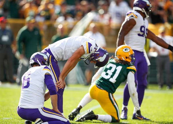 Vikings kicker Daniel Carlson dropped his head after missing a 35-yard field goal attempt in overtime at Green Bay. He was released the next day, and 