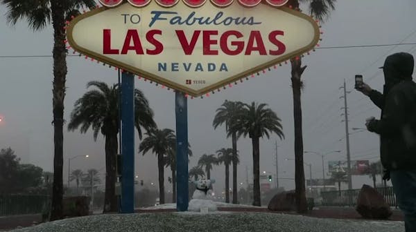 Snow falls on Las Vegas Strip