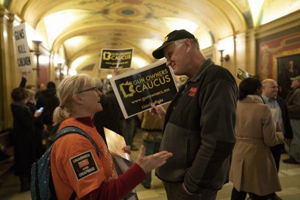 Katherine Schafer, left, of Protect Minnesota , and Jack Johnson of theGun Owners Caucus spoke durning Wednesday's House Public Safety Committee heari