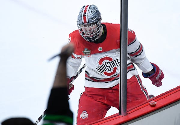 Ohio State forward Tanner Laczynski celebrated a goal at the NCAA Frozen Four in St. Paul last April.