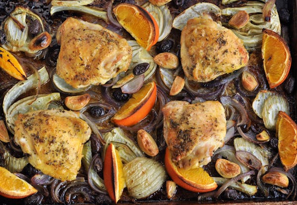 Roasted Chicken Thighs with Fennel, Oranges and Olives. Photo by Meredith Deeds * Special to the Star Tribune