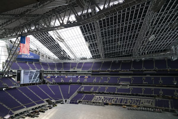 The ceiling section of darkening curtains is 55 percent complete at U.S. Bank Stadium in Minneapolis in preparation for the NCAA Final Four in early A