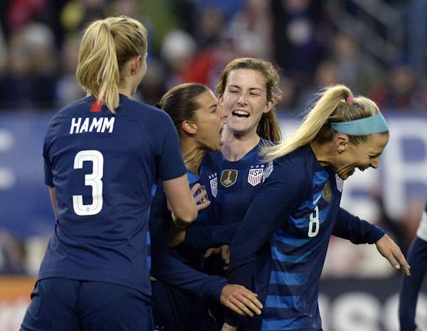 United States forward Tobin Heath, center, celebrates with teammates after scoring a goal against England during the second half of a SheBelieves Cup 