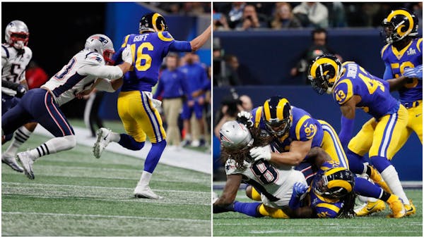 The Patriots defense pushed Rams quarterback Jared Goff out of bounds (left); the Rams defense stopped New England's Cordarrelle Patterson.