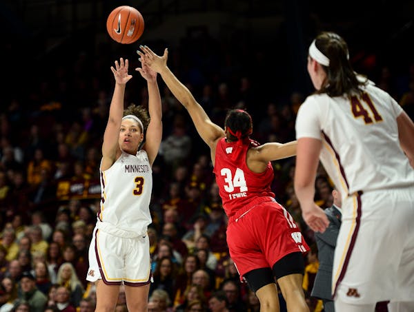 Gophers guard/forward Destiny Pitts hit a 3-pointer against Wisconsin to open the Big Ten season in December. The conference tournament continues Thur