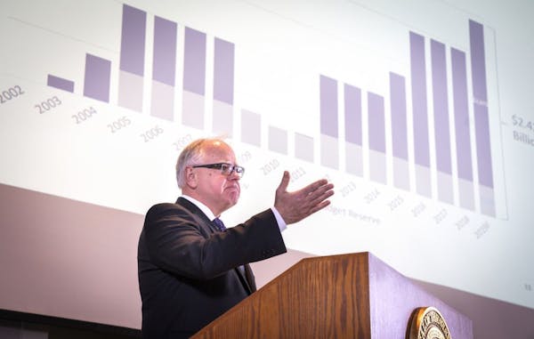 Minnesota Gov. Tim Walz, shown in February during the release of the latest budget forecast.