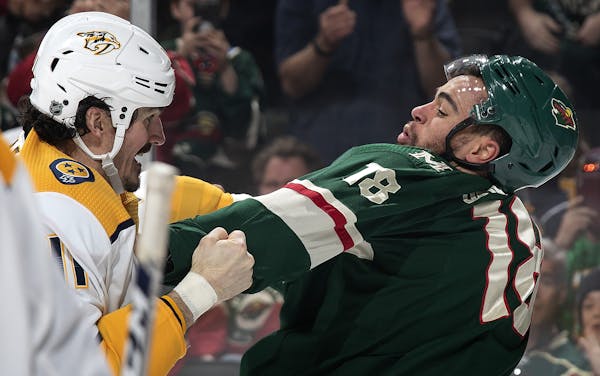 Nashville's Brian Boyle fought Jordan Greenway in the first period Monday night, the Wild rookie's first NHL fight.