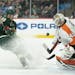 Victor Rask of the Wild challenged Flyers goalie Anthony Stolarz on Feb. 12 at Xcel Energy Center.