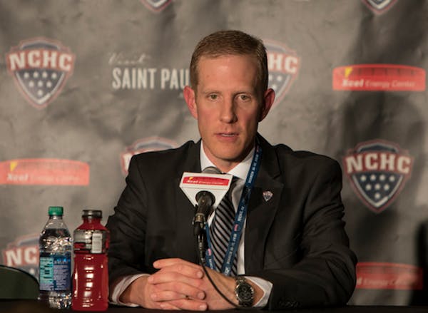 NCHC Commissioner Josh Fenton addresses the media before the 2018 NCHC Frozen Faceoff championship game. [ Special to Star Tribune, photo by Matt Blew
