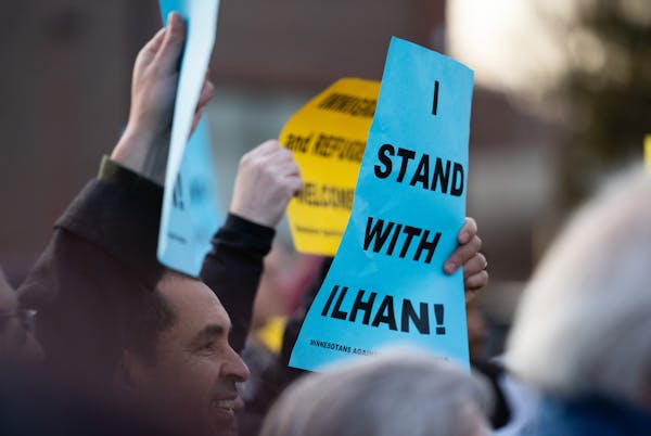 A crowd of about 100 gathered outside the Minneapolis Urban League to counter criticism of Rep. Ilhan Omar on Wednesday.